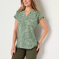Liz Claiborne Womens Split Crew Neck Short Sleeve Tunic Top