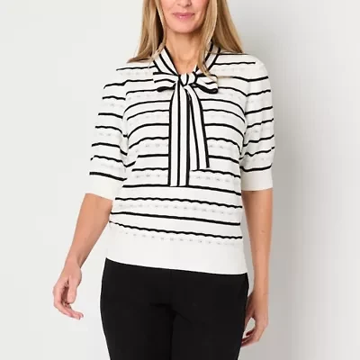 Liz Claiborne Womens Split Tie Neck Short Sleeve Striped Pullover Sweater