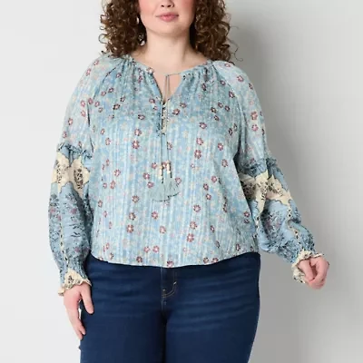 Frye and Co. Plus Womens Split Tie Neck Long Sleeve Blouse