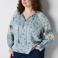 Frye and Co. Womens Split Tie Neck Long Sleeve Plus Blouse