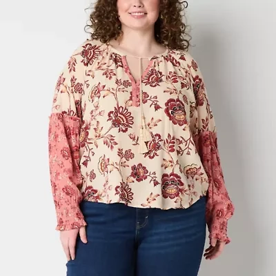 Frye and Co. Plus Womens Split Tie Neck Long Sleeve Blouse