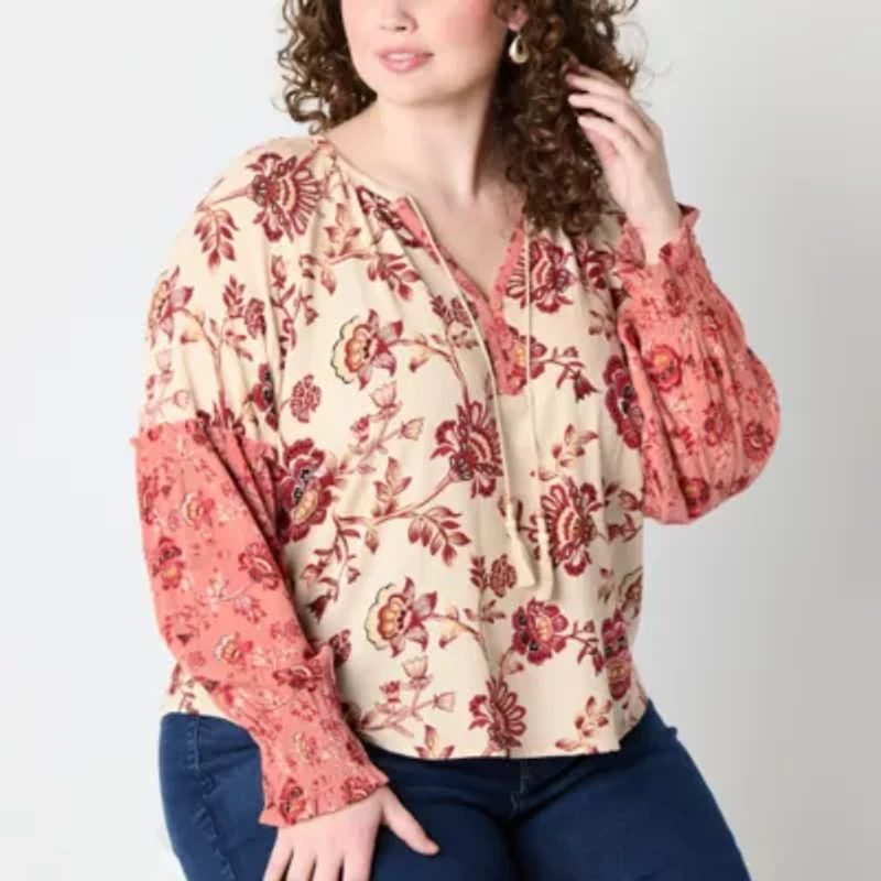 Frye and Co. Womens Split Tie Neck Long Sleeve Plus Blouse