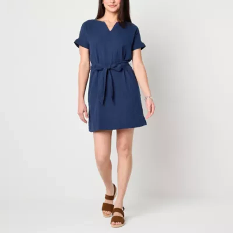 St. John's Bay Womens Belted Short Sleeve Shift Dress