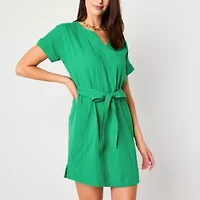 St. John's Bay Womens Belted Short Sleeve Shift Dress