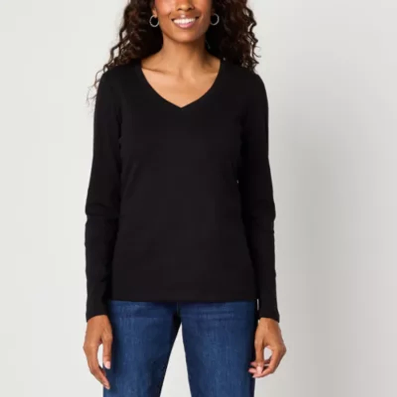 St. John's Bay Womens V Neck Long Sleeve T-Shirt