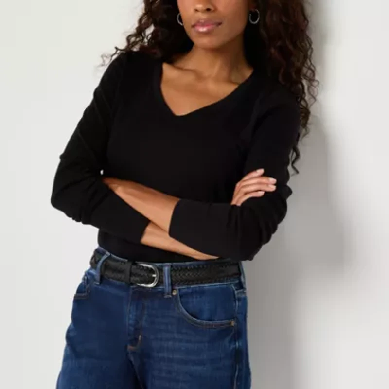 St. John's Bay Womens V Neck Long Sleeve T-Shirt