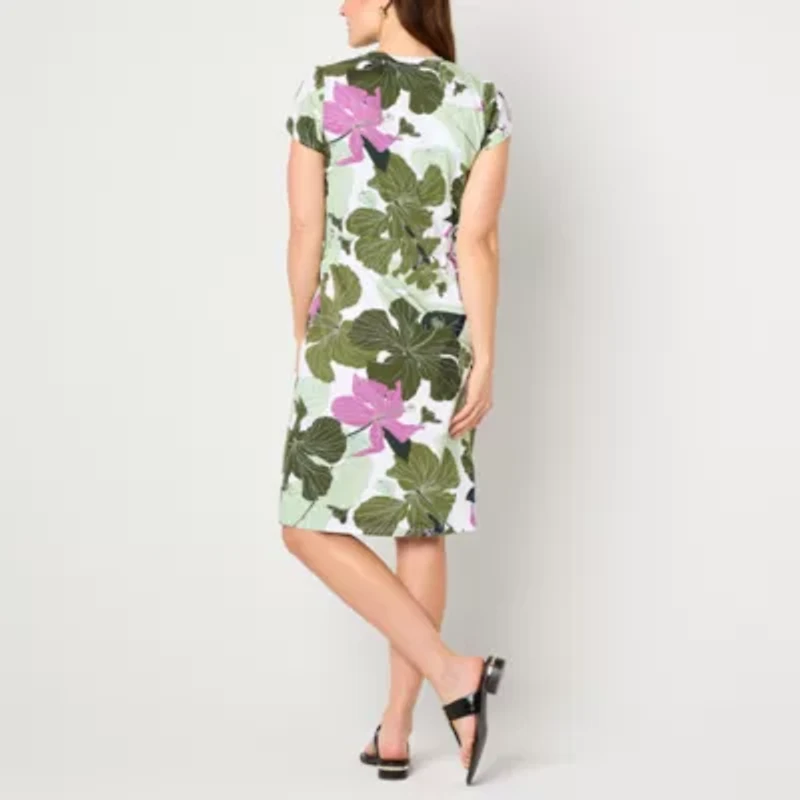 Liz Claiborne Womens Short Sleeve Midi Floral A-Line Dress
