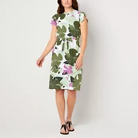 Liz Claiborne Womens Short Sleeve Midi Floral A-Line Dress