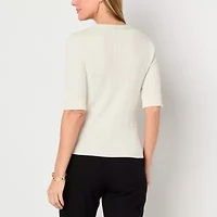 Liz Claiborne Womens V Neck Elbow Sleeve Pullover Sweater