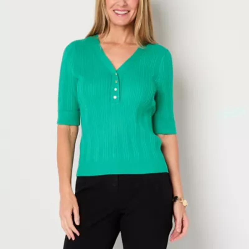 Liz Claiborne Womens V Neck Elbow Sleeve Pullover Sweater