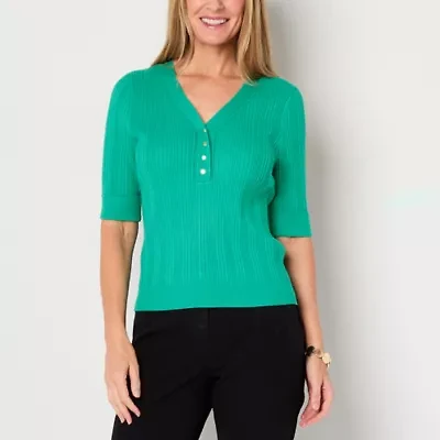 Liz Claiborne Womens V Neck Elbow Sleeve Pullover Sweater