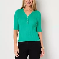Liz Claiborne Womens V Neck Elbow Sleeve Pullover Sweater