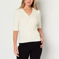 Liz Claiborne Womens V Neck Elbow Sleeve Pullover Sweater