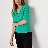 Liz Claiborne Womens V Neck Elbow Sleeve Pullover Sweater