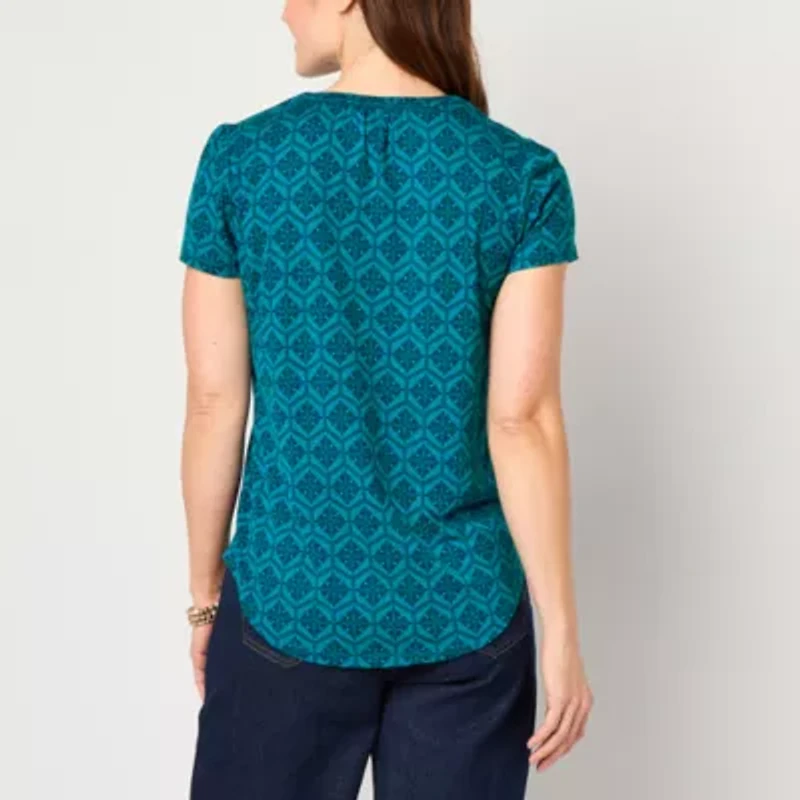 Liz Claiborne Womens Split Crew Neck Short Sleeve Blouse