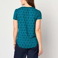 Liz Claiborne Womens Split Crew Neck Short Sleeve Blouse