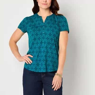 Liz Claiborne Womens Split Crew Neck Short Sleeve Blouse
