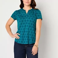 Liz Claiborne Womens Split Crew Neck Short Sleeve Blouse