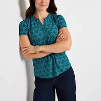 Liz Claiborne Womens Split Crew Neck Short Sleeve Blouse