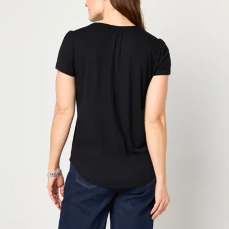 Liz Claiborne Womens Split Crew Neck Short Sleeve Blouse