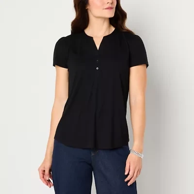 Liz Claiborne Womens Split Crew Neck Short Sleeve Blouse