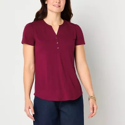 Liz Claiborne Womens Split Crew Neck Short Sleeve Blouse