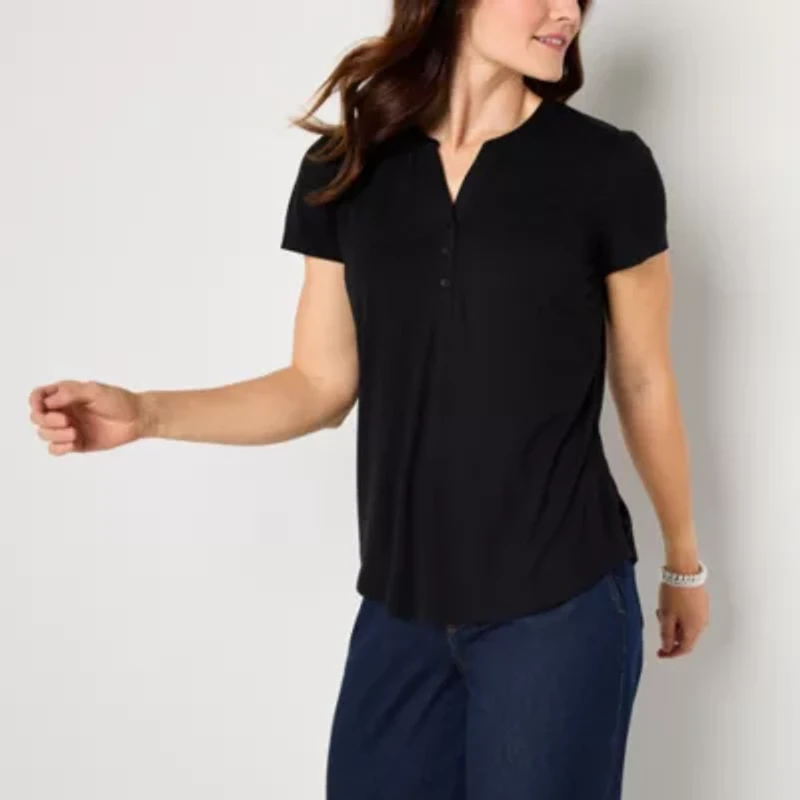 Liz Claiborne Womens Split Crew Neck Short Sleeve Blouse