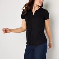 Liz Claiborne Womens Split Crew Neck Short Sleeve Blouse
