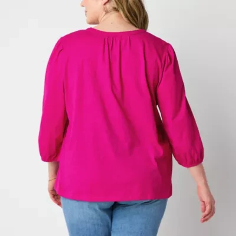 St. John's Bay Womens Split Crew Neck 3/4 Sleeve Plus Blouse