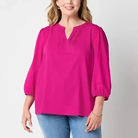 St. John's Bay Womens Split Crew Neck 3/4 Sleeve Plus Blouse