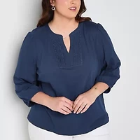 St. John's Bay Womens Split Crew Neck 3/4 Sleeve Plus Blouse