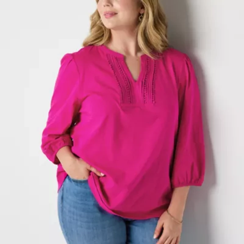 St. John's Bay Womens Split Crew Neck 3/4 Sleeve Plus Blouse