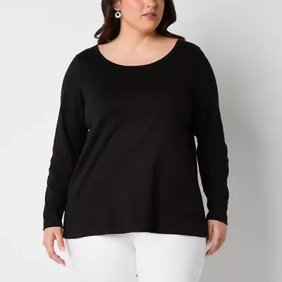 St. John's Bay Womens Plus Easy-on + Easy-off Crew Neck Long Sleeve Adaptive T-Shirt