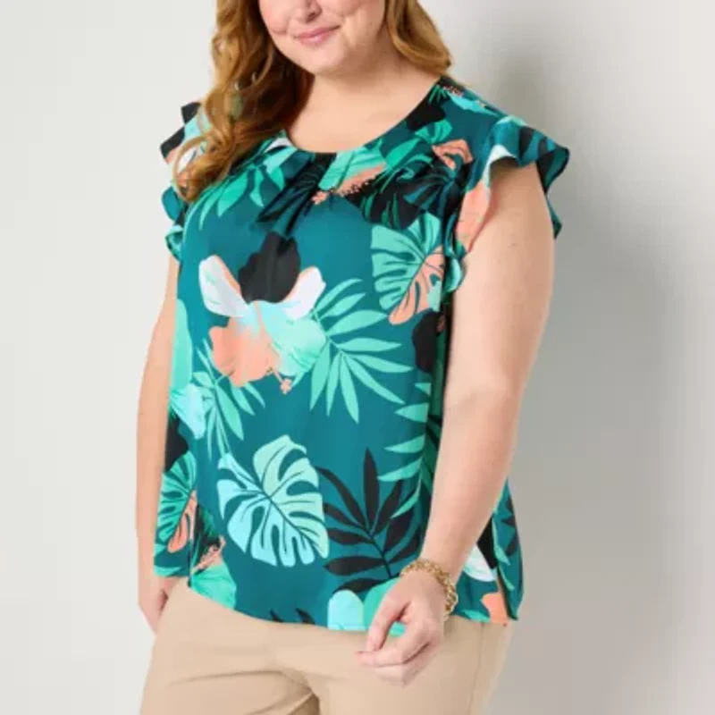 Liz Claiborne Womens Crew Neck Sleeveless Satin Plus Blouse