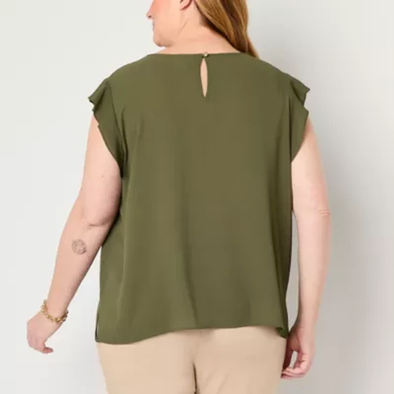 Liz Claiborne Womens Plus Crew Neck Sleeveless Satin Blouse