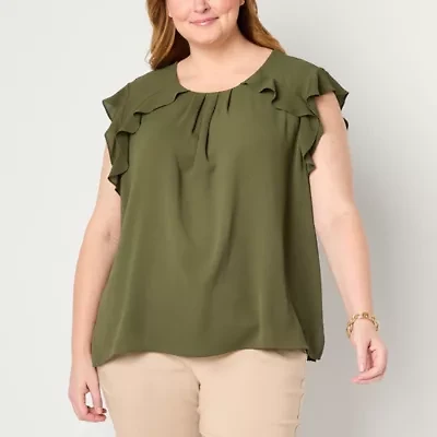 Liz Claiborne Womens Plus Crew Neck Sleeveless Satin Blouse