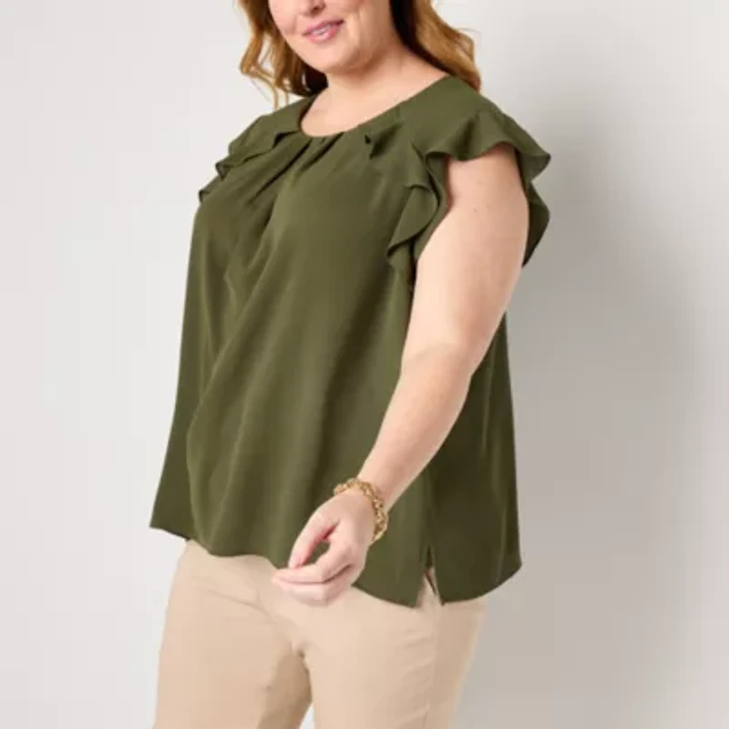 Liz Claiborne Womens Plus Crew Neck Sleeveless Satin Blouse