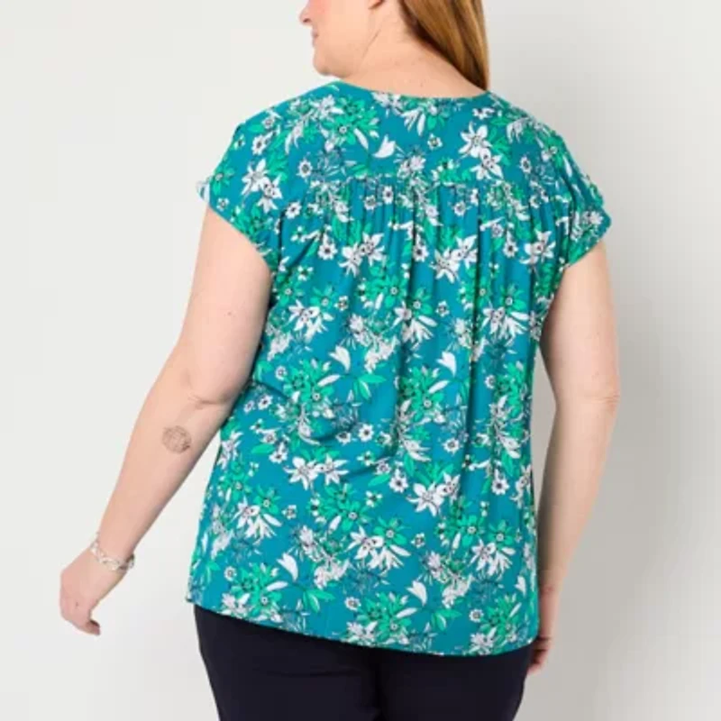 Liz Claiborne Plus Womens Split Crew Neck Short Sleeve Tunic Top