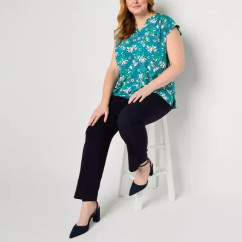 Liz Claiborne Plus Womens Split Crew Neck Short Sleeve Tunic Top