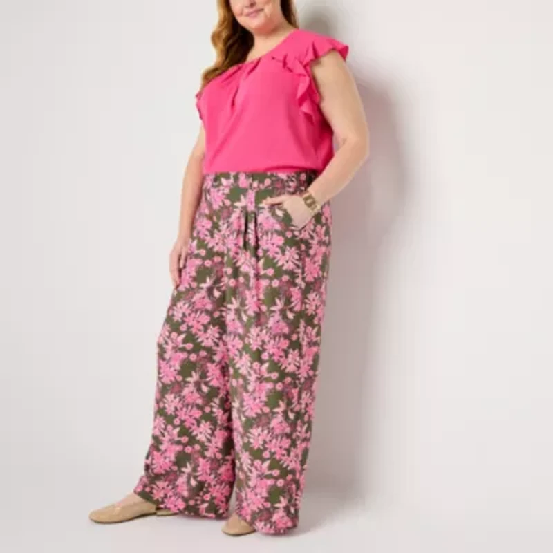 Liz Claiborne Womens Wide Leg Mid Rise Plus Pull-On Pant