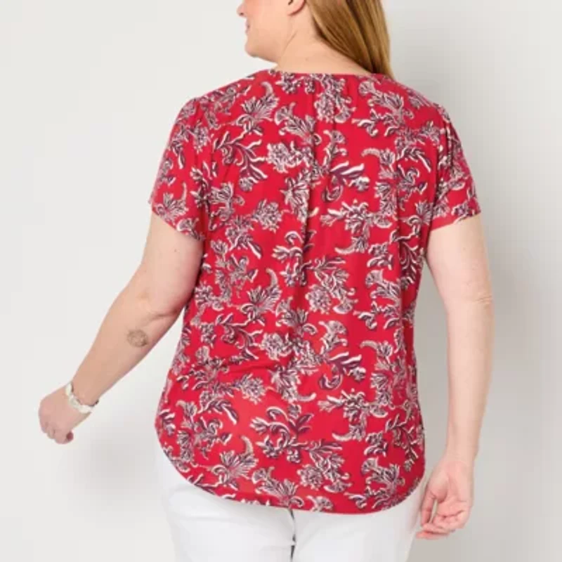 Liz Claiborne Womens Plus Split Crew Neck Short Sleeve Blouse