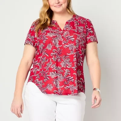 Liz Claiborne Womens Plus Split Crew Neck Short Sleeve Blouse