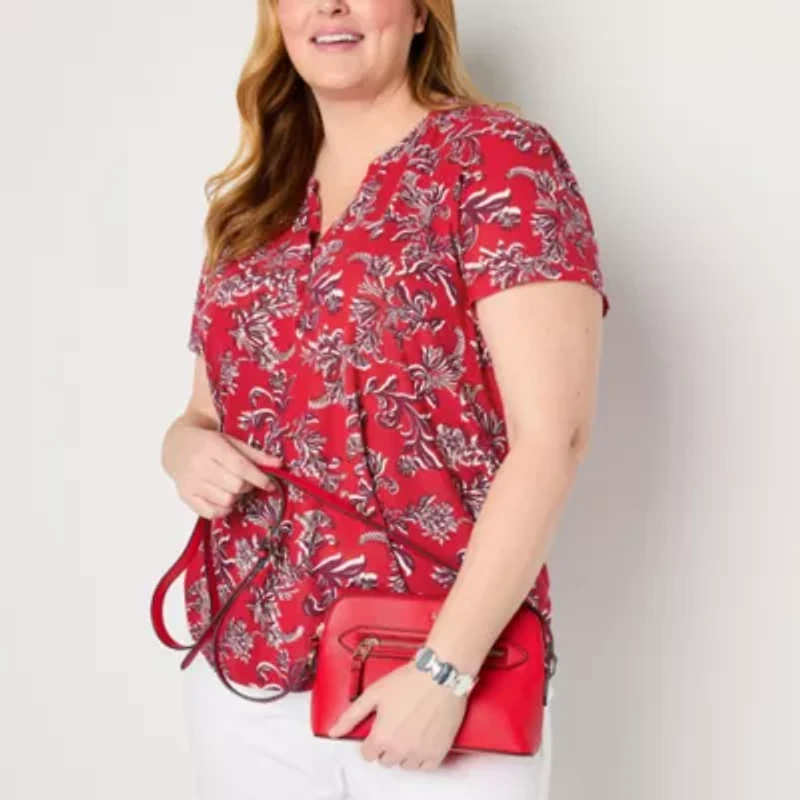 Liz Claiborne Womens Plus Split Crew Neck Short Sleeve Blouse