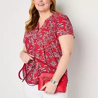 Liz Claiborne Womens Plus Split Crew Neck Short Sleeve Blouse