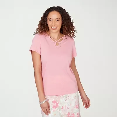 Hearts Of Palm Womens Keyhole Neck Short Sleeve Embellished Blouse