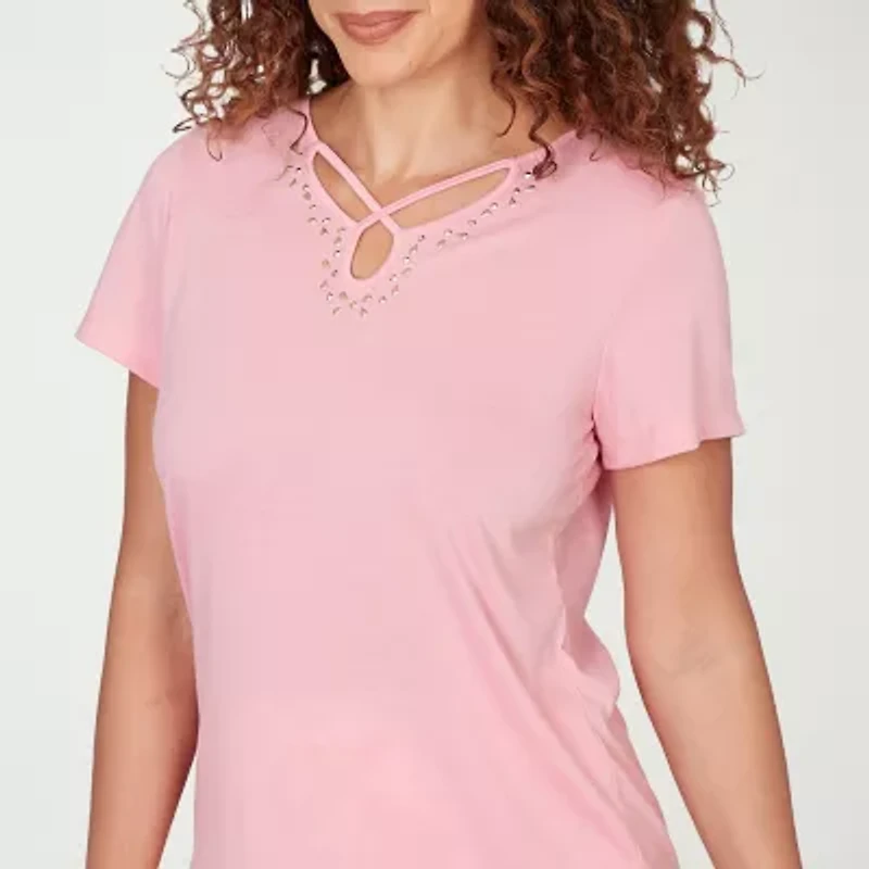 Hearts Of Palm Womens Keyhole Neck Short Sleeve Embellished Blouse