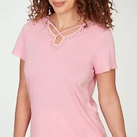 Hearts Of Palm Womens Keyhole Neck Short Sleeve Embellished Blouse