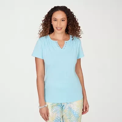 Hearts Of Palm Womens Split Crew Neck Short Sleeve Embellished Blouse