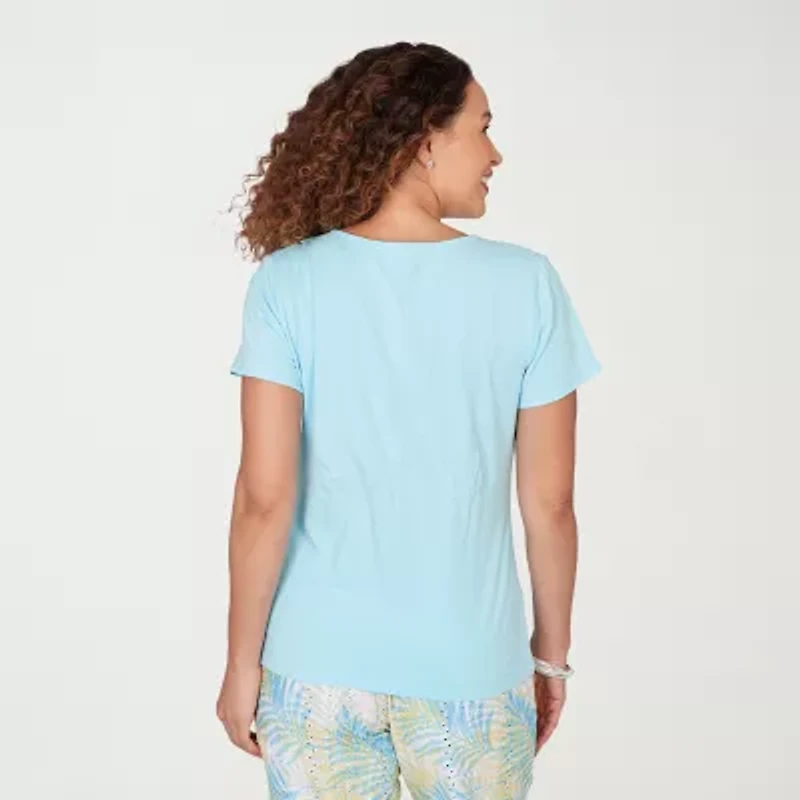 Hearts Of Palm Womens Split Crew Neck Short Sleeve Embellished Blouse