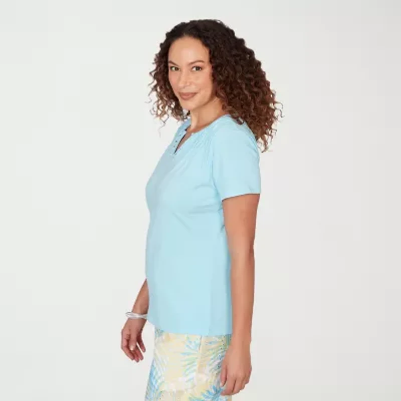 Hearts Of Palm Womens Split Crew Neck Short Sleeve Embellished Blouse